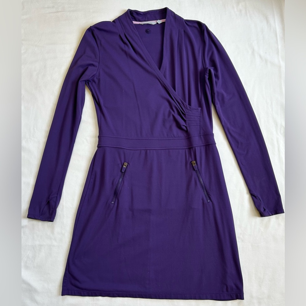 Athleta Women's Suedy Dress Medium Purple Long Sleeve Wrap Front Stretch Zip